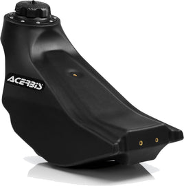 Acerbis 2.3-gallon black fuel tank for motorcycles, featuring a sleek design and durable construction.
