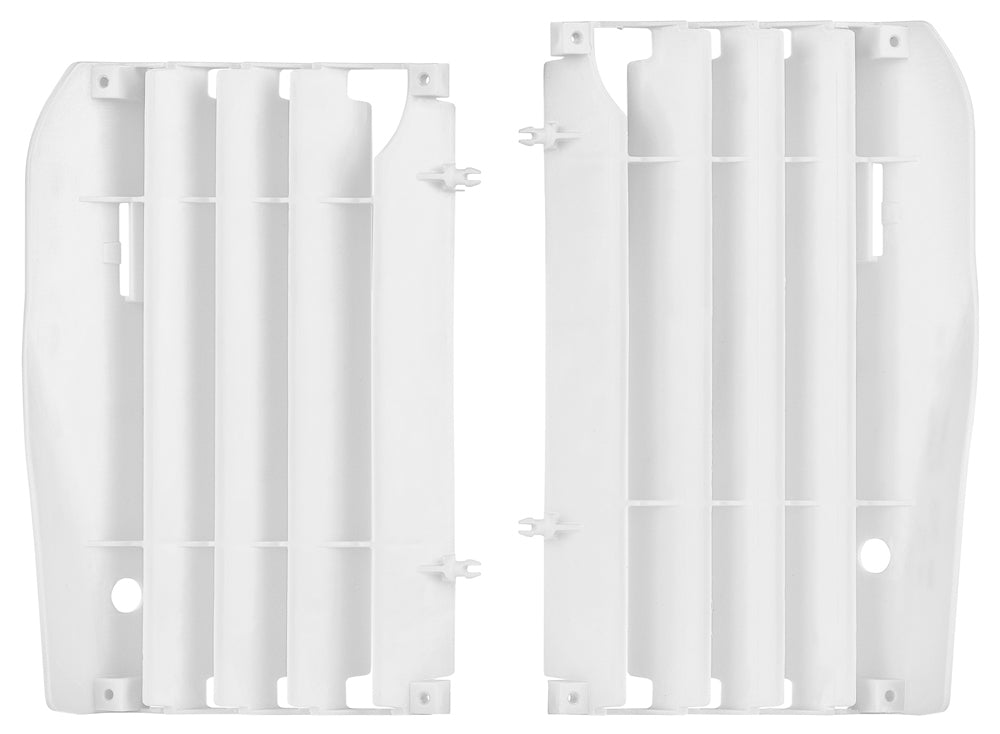 Polisport Plastics white radiator louvers for Honda CRF250 motorcycle, visible with vented design and mounting points.