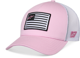 Pink and white Alpine Star flag snapback hat with a curved brim and embroidered logo on the front.