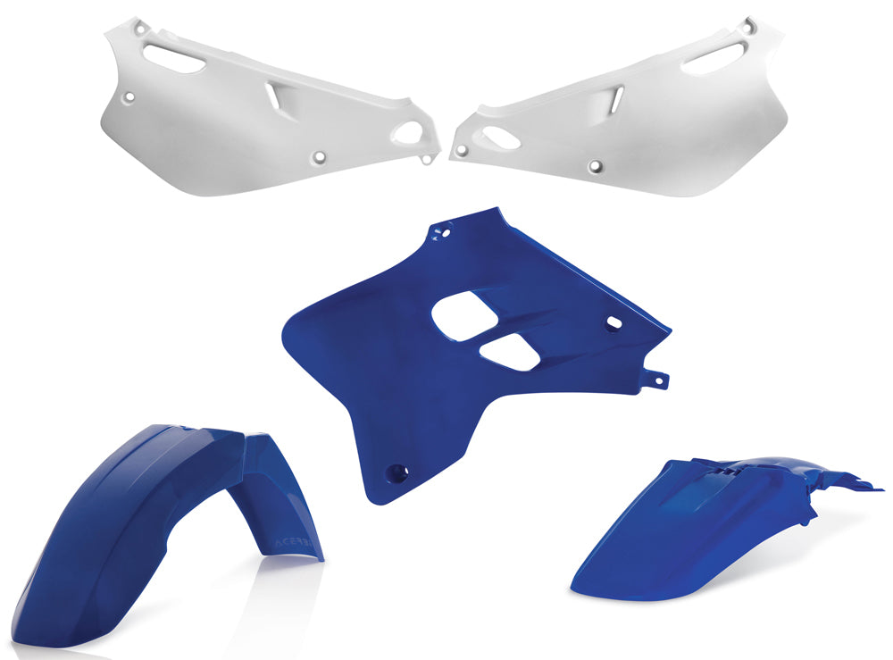 Acerbis blue plastic kit with various components, designed for off-road motorcycle protection and customization.