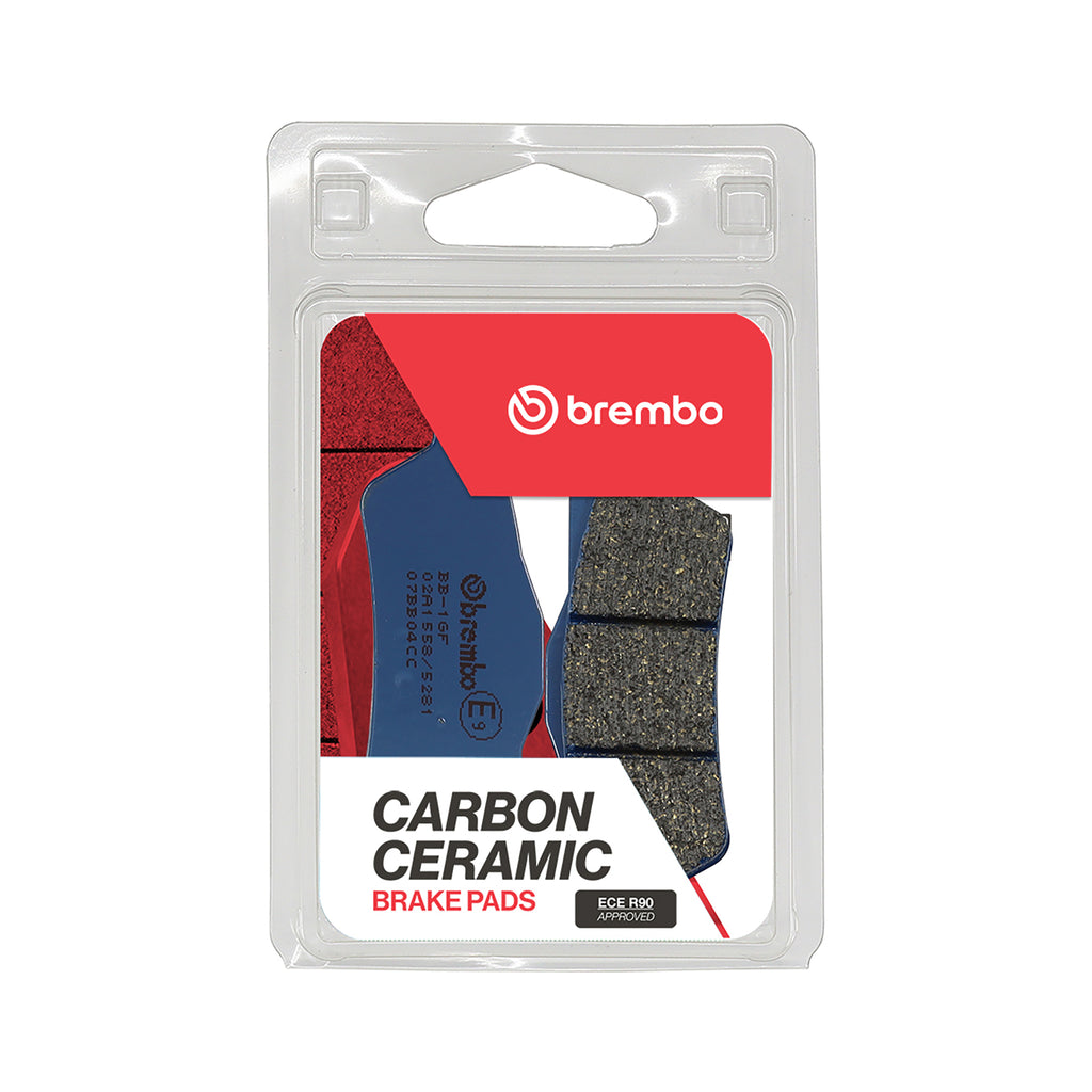 Brembo Prime CC brake pads made of carbon ceramic, shown in a close-up view highlighting their structure and branding.