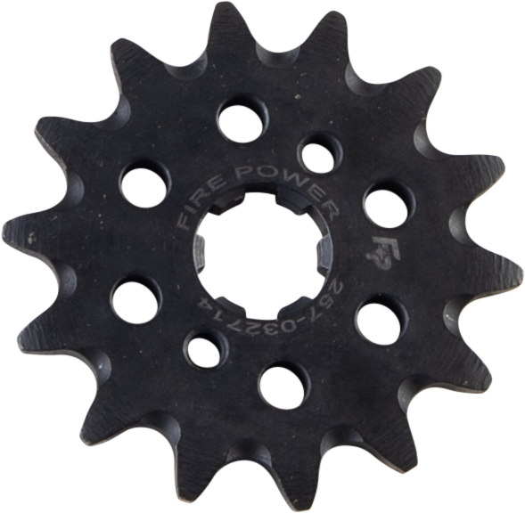 Steel Fire Power front CS sprocket, 14-tooth, for motorcycle, with part number 257-032714, shown mounted on bike.