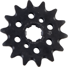 Load image into Gallery viewer, Steel Fire Power front CS sprocket, 14-tooth, for motorcycle, with part number 257-032714, shown mounted on bike.