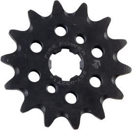 Steel Fire Power front CS sprocket, 14-tooth, for motorcycle, with part number 257-032714, shown mounted on bike.