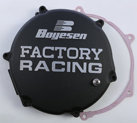 Boyesen Factory Racing Clutch Cover in black, designed for street bikes, with a sleek and durable appearance.
