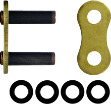 Load image into Gallery viewer, Excel Wheel Components Master Link Gb525xre Rivet Gold, a close-up of the gold-colored wheel link and rivet connection.