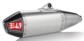 Yoshimura RS-4 exhaust slip-on with stainless steel, aluminum, and carbon fiber end cap, showcasing the sleek header and canister design.