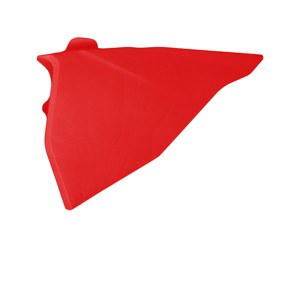 Red Acerbis airbox cover for gas tank, motorcycle part with branding details visible on the Acerbis product.