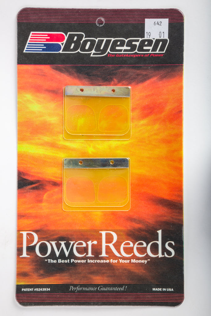 Boyesen motorcycle reeds 59-7642 for intake and carburetor fuel system, shown installed in a motorcycle engine.