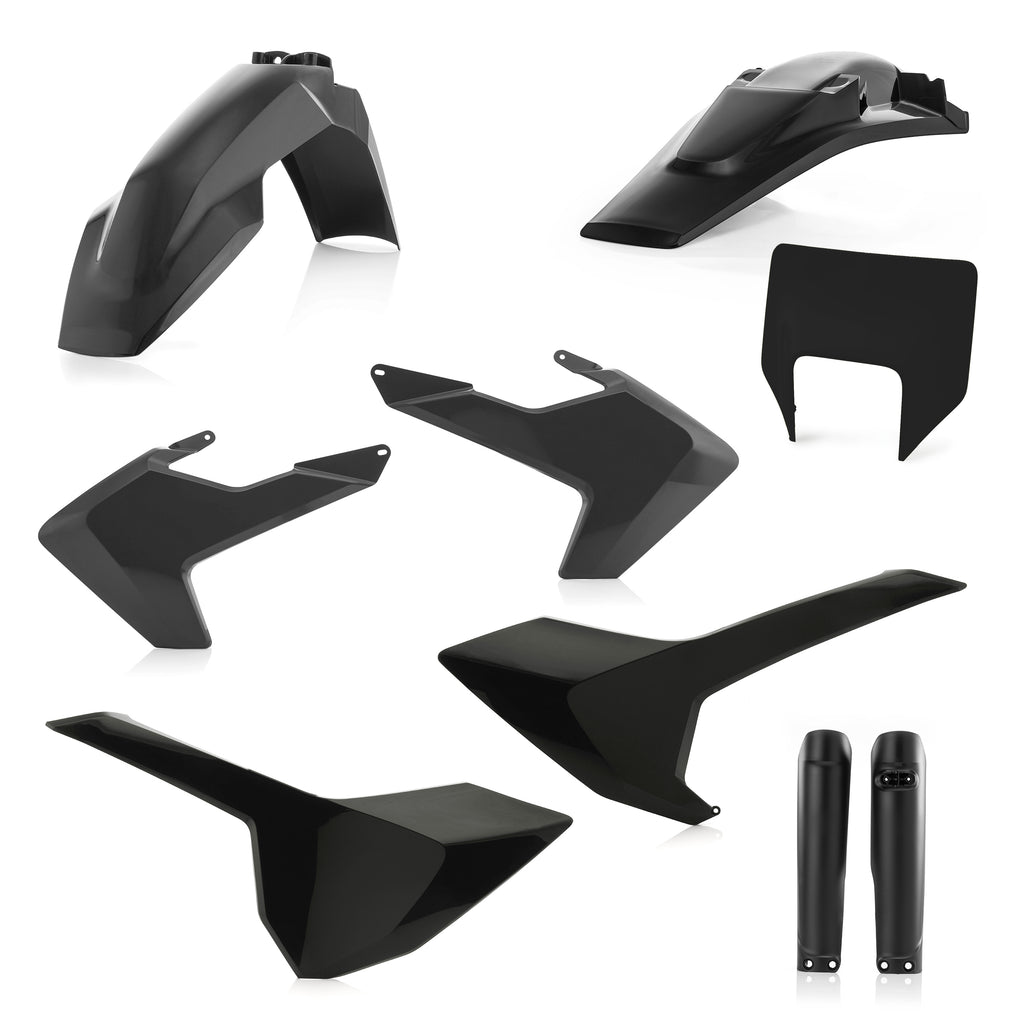 Acerbis full plastic kit in black with various molded plastic parts, designed for motorcycle or dirt bike assembly.
