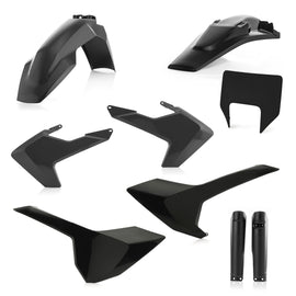 Acerbis full plastic kit in black with various molded plastic parts, designed for motorcycle or dirt bike assembly.