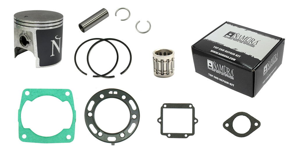 NAMURA Top End Kit Two Stroke piston kit with +1.50 Polished components and piston rings for motorcycle engine repair.