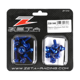 Blue ZETA Aluminum Bolt Kit with matching bolts and nuts, suitable for automotive or motorcycle applications.