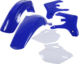Acerbis blue plastic kit for motorcycle, includes various panels and parts, laid out on a flat surface.