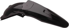 Acerbis black rear fender for motorcycle, shown mounted on bike with close-up view of the fender's shape and mounting points.
