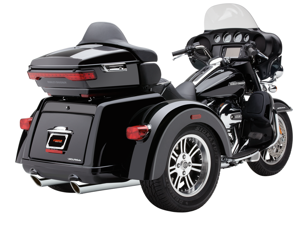 Cobra 909-Twins 4-inch slip-on exhaust in black with tri-glide design, compatible with models from 2009 to 2025.