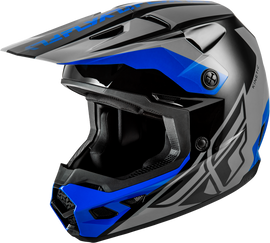 Fly Racing Kinetic Crest helmet in grey, black, and blue with a sleek design, size small, for motorcycle or motocross riding.