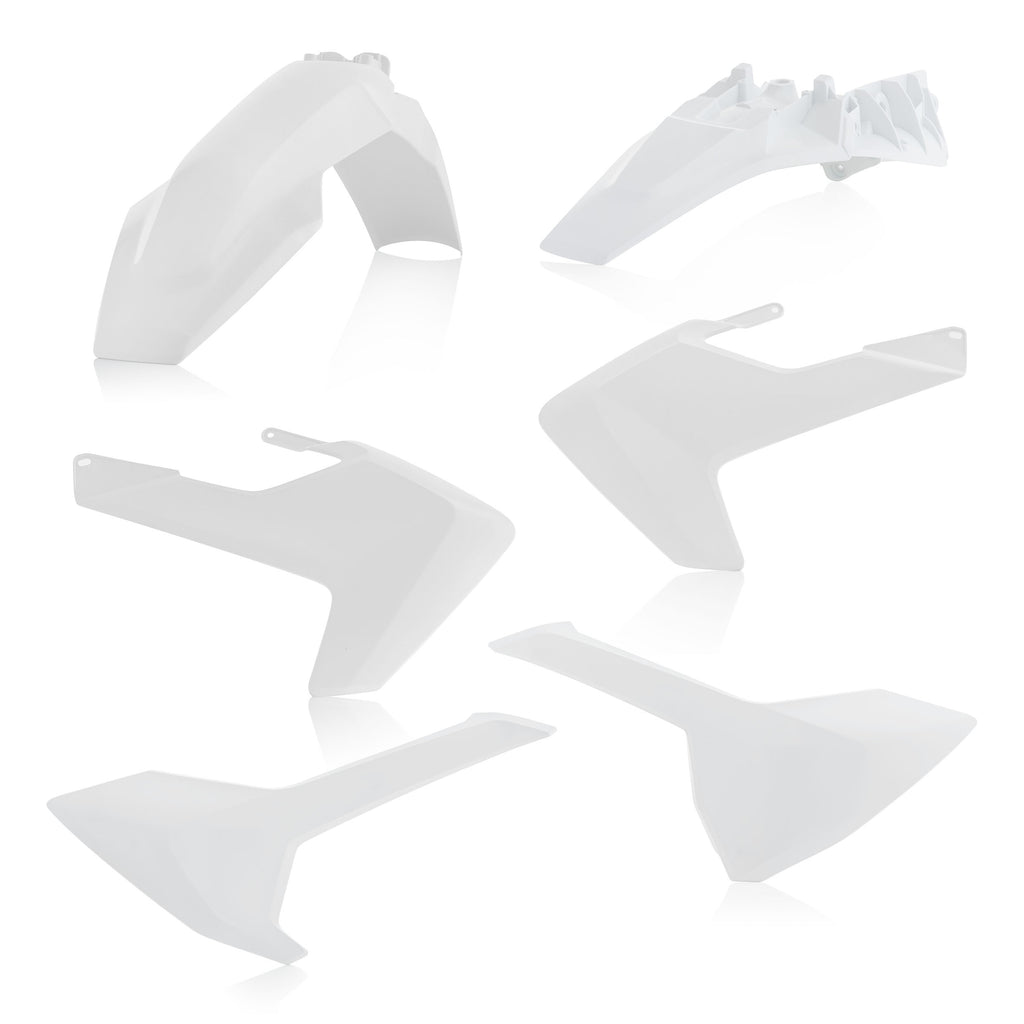 Acerbis plastic body kit for Hus motorcycle, featuring black and white panels with Acerbis branding and mounting points visible.