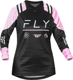 Fly Racing Women's F-16 motocross jersey in black and lavender, size large, featuring lightweight, breathable fabric.
