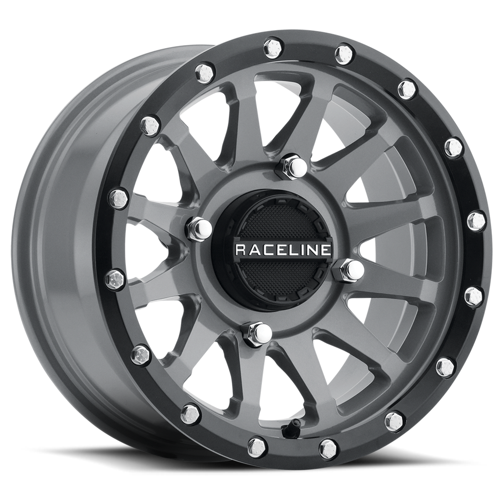 Raceline Trophy 15x6 grey wheel for Polaris RZR with 5+1 offset, showing a close-up of the gray alloy wheel design.