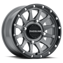 Load image into Gallery viewer, Raceline Trophy 15x6 grey wheel for Polaris RZR with 5+1 offset, showing a close-up of the gray alloy wheel design.