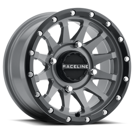 Raceline Trophy 15x6 grey wheel for Polaris RZR with 5+1 offset, showing a close-up of the gray alloy wheel design.