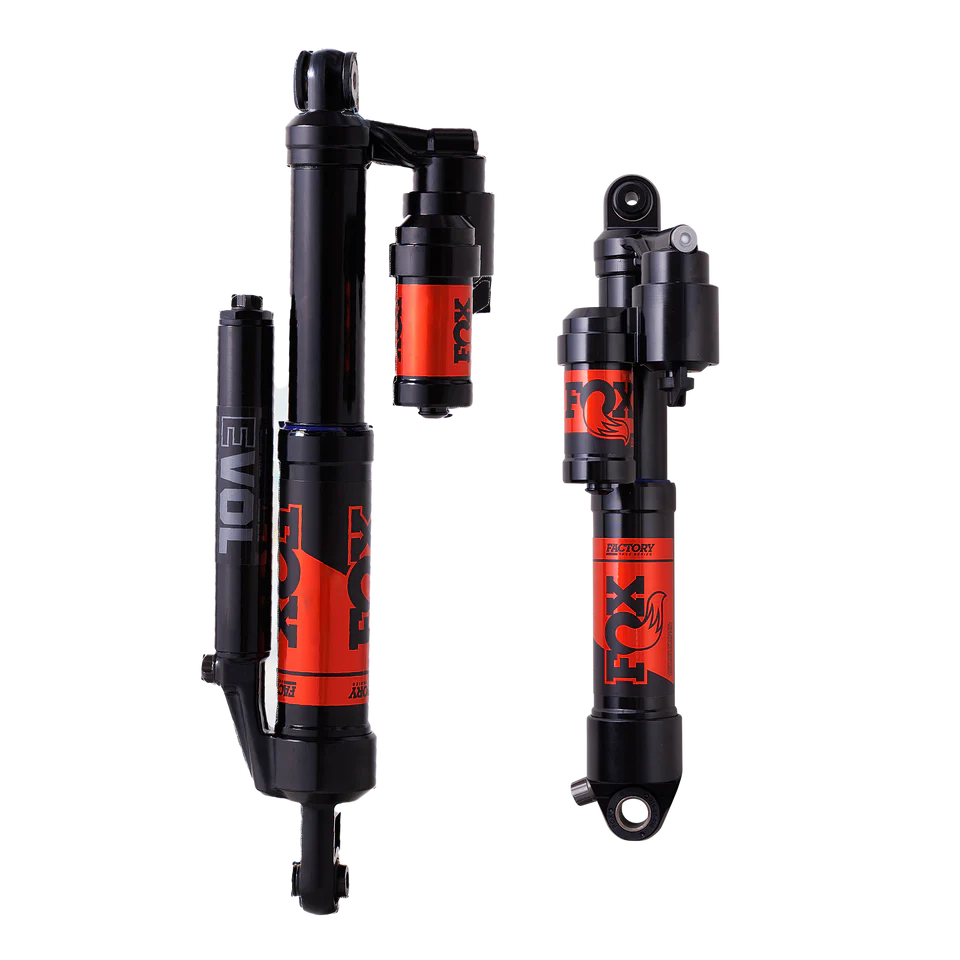 Fox Factory Series rear shock kit with Float 3 Qs3 and Float 3 Evol Qs3 for suspension, shown in the image.