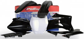 Polisport Plastics black plastic body kit for motorcycles, featuring durable, lightweight panels with a sleek finish.