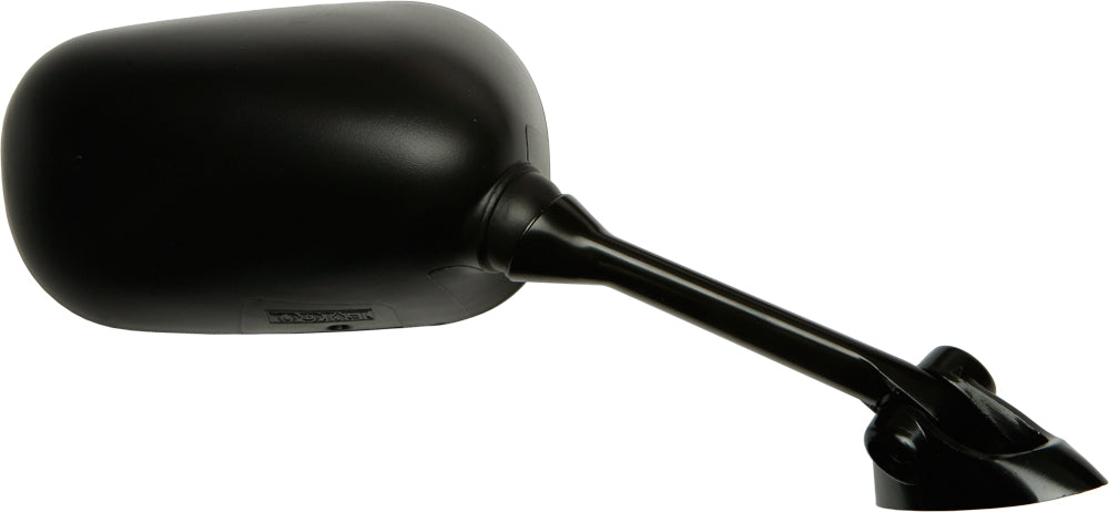 Emgo right black motorcycle mirror for Suzuki 56-9842, showing a sleek black finish and adjustable mirror head.