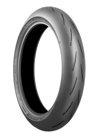 Bridgestone Battlax RS12 front motorcycle tire 120/70ZR17 radial with 58W load and speed rating, mounted on wheel.