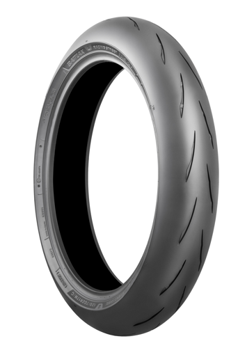 Bridgestone Battlax RS12 front motorcycle tire 120/70ZR17 radial with 58W load rating, shown mounted on a wheel.