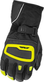 Fly Racing Xplore Gloves in black and hi-vis, XS size, showing padded palms and breathable fabric for motocross riding.