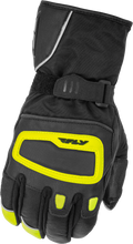Load image into Gallery viewer, Fly Racing Xplore Gloves in black and hi-vis colors, showcasing durable fabric and padded palms for motocross riding.
