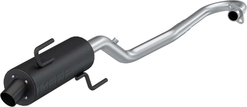 MBRP Exhaust single slip-on system with black performance muffler, showcasing the sleek exhaust pipe and muffler design.