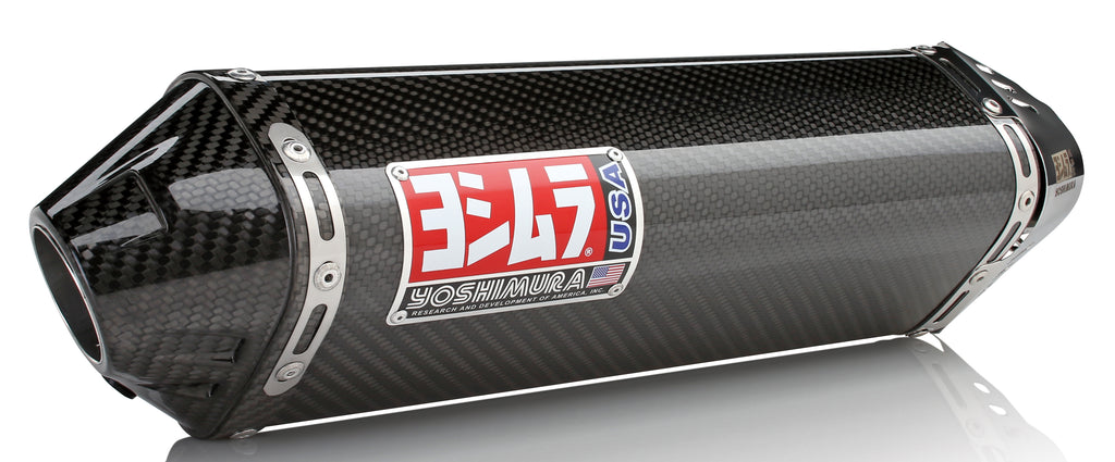 Yoshimura Street Trc Slip-On SS-CF-CF exhaust system installed on motorcycle, showcasing sleek carbon fiber finish and exhaust outlet.