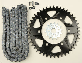 VORTEX sprocket and chain kit with black aluminum and steel components, featuring 14/44T sprockets for BMX bikes.