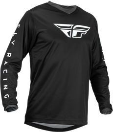 Fly Racing F-16 jersey in black and white, featuring a lightweight, breathable fabric with bold graphic design and branding details.