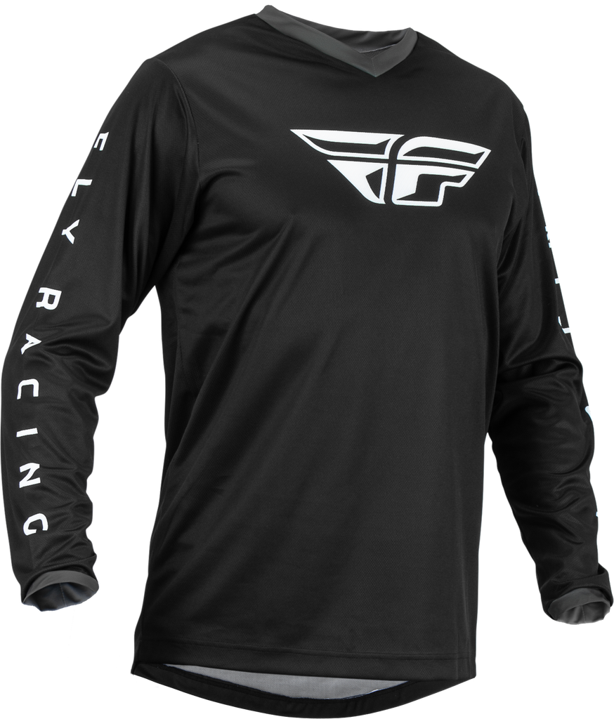 Fly Racing F-16 Jersey in black and white, featuring lightweight fabric and bold design, ideal for motocross or casual riding.