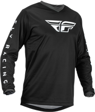 Load image into Gallery viewer, Fly Racing F-16 Jersey in black and white, featuring lightweight fabric and bold design, ideal for motocross or casual riding.