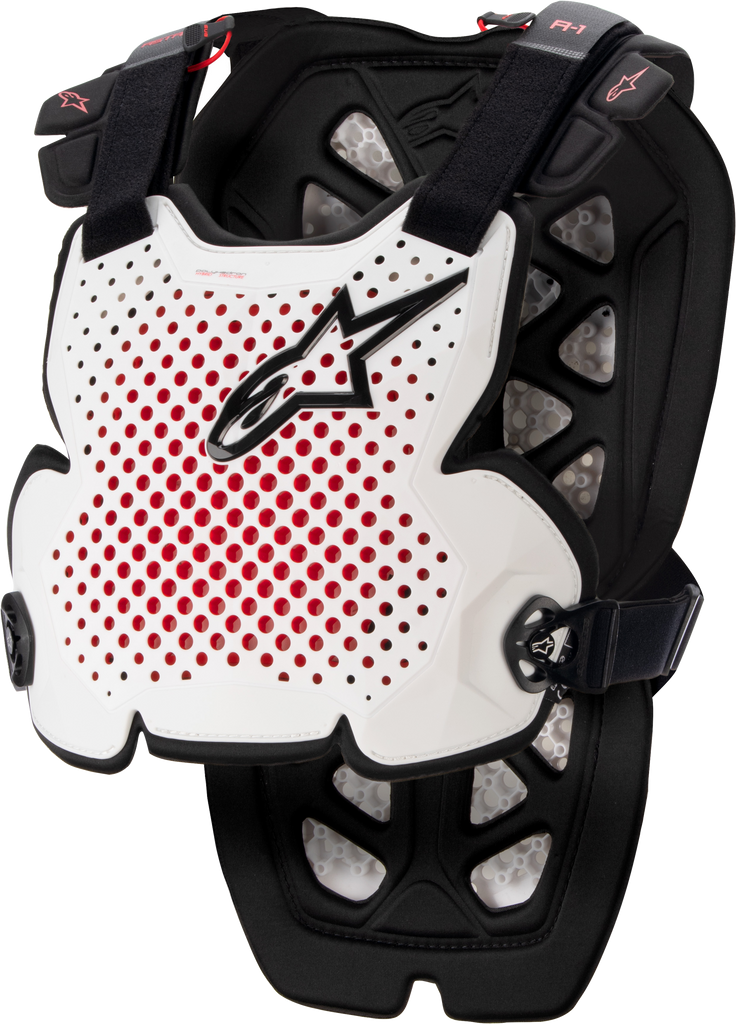 Alpine Star A-1 Chest Protector in white, black, and red, XL size, shown on a plain background with detailed view of the protective gear.