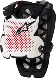 Alpine Star A-1 Chest Protector in white, black, and red, XL size, shown on a plain background with detailed view of the protective gear.