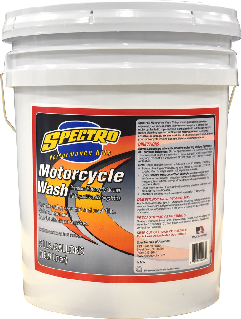 Spectro Premium Motorcycle Wash 5-gallon container of chemical cleaner for motorcycle cleaning and maintenance.