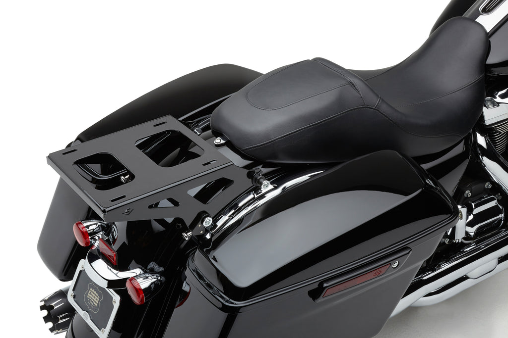 Cobra Detach 2-Up Tour Pack Mount for Harley FLH/Flt 2014-2025, black body, mounting hardware for touring motorcycle luggage.