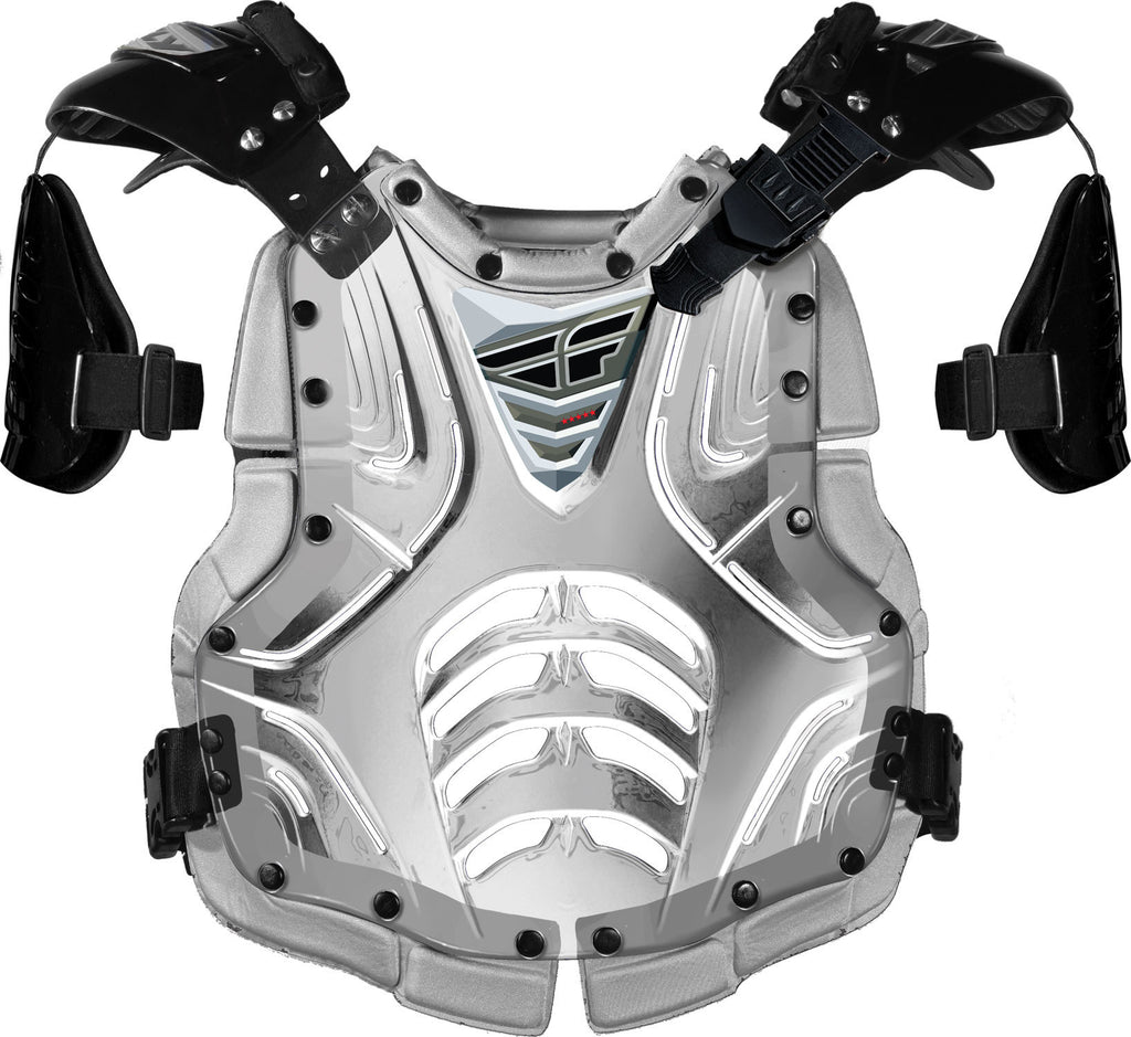 Fly Racing Convertible II Roost Guard for juniors, clear and silver design, lightweight protective gear for motocross riders.