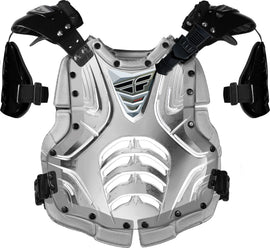 Fly Racing Convertible II Roost Guard for juniors, clear and silver design, lightweight protective gear for motocross riders.