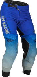 Fly Racing Evolution DST pants in blue and grey, size 34, featuring durable riding gear with reinforced knees and secure fit.