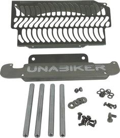 Unabiker off-road radiator guard in natural finish, designed for motorcycle cooling protection, shown installed on a vehicle.