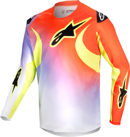 Alpine Star Youth Racer Lucent Jersey in white with neon red and yellow fluo accents, shown from the front.