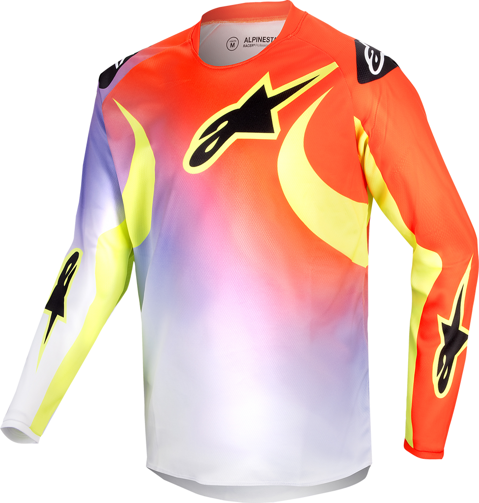 Alpine Star youth racer jersey in white, neon red, and yellow fluo with bold graphics, size XL, sporty and vibrant design.