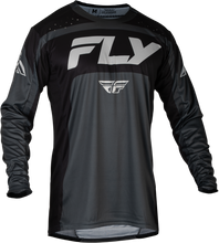 Load image into Gallery viewer, Fly Racing Lite Jersey in charcoal and black, medium size, lightweight motocross jersey with breathable fabric and logo details.
